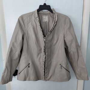 Women's Tan Faux Leather Jacket with Ruffle Trim